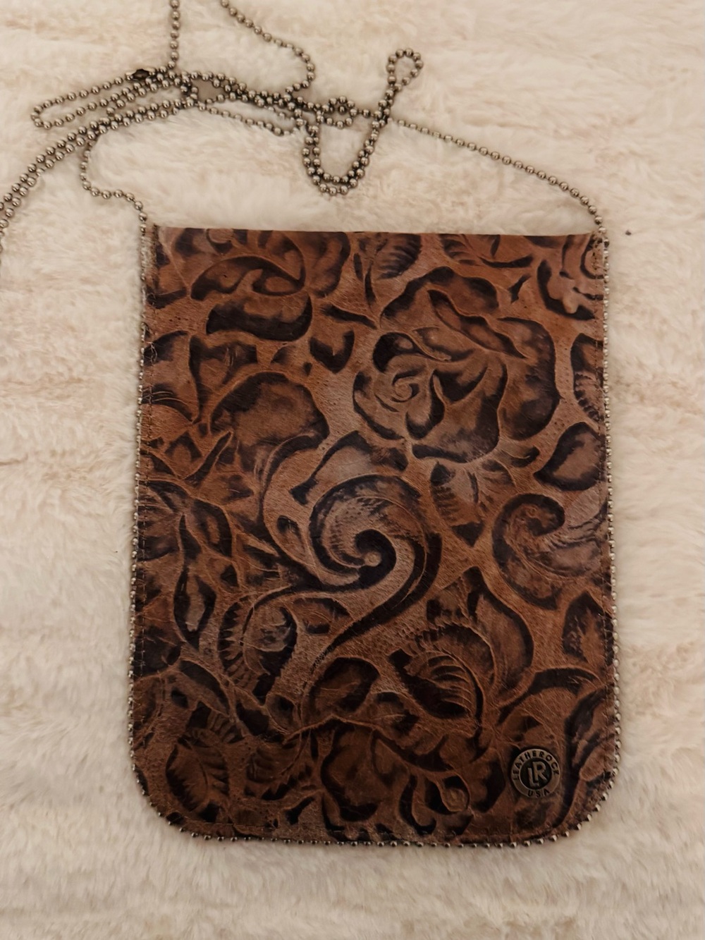 Tooled Leather Crossbody Bag with Chain Strap